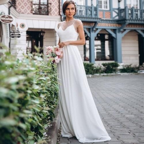 Chic Jewel Chiffon Beach Wedding Dresses Boho Bride Dress with Pearls Robe de Mariee 2020 White Ivory Bridal Gown