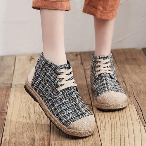 Comfortable Fishermans shoes For Women Flat High top Cloth Shoes Fashion Lace-up Plaid Hemp Casual Shoes Autumn Canvas Shoe New