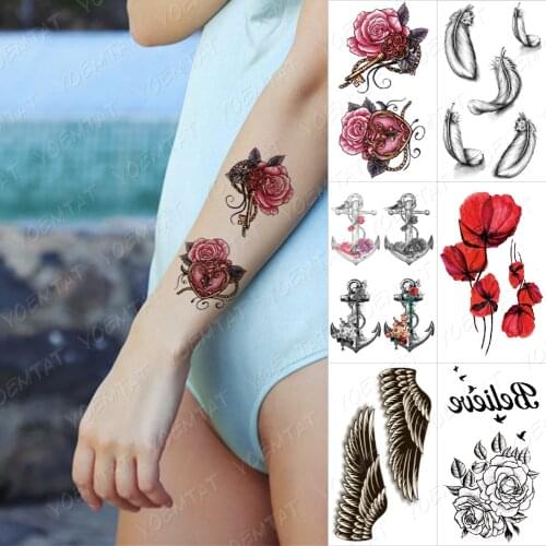 Waterproof Temporary Tattoo Lasting Sticker Rose Feather Wings Anchor Small Female Color Body Art Flash Fake Tatoo Male Child