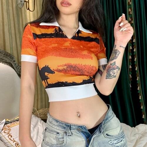 Fashion Women T-Shirt Slim Fit Crop Top Vintage Cowboy Horse Print Short Sleeve Lapel V Neck T-Shirt Streetwear