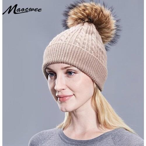 Women Men Adult Pompom Beanie Hat Cap Knitted Skullies Hats Twist Pattern Casual Solid Caps Real Raccoon Fur Pompon Hat New 2018