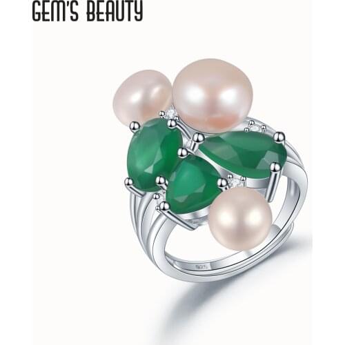 GEMS BEAUTY 925 Sterling Silver Vintage Jewellery Ring For Women Natural Green Agate Fresh-water Pearl Adjustable Open Rings