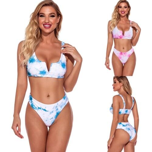 Women Fashion 2-piece Swimming Suit Sleeveless Tie-dye Print Tops+Bottoms Set for Ladies