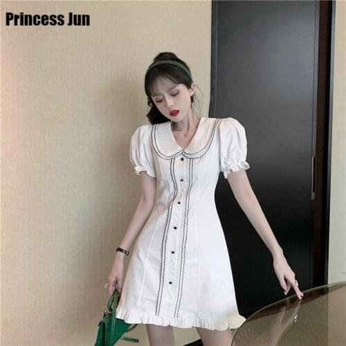 French Women Retro Sweet Peter Pan Collar White Shirt Dress 2021 Summer Short Puff Sleeve Ruffled Hem Slim Dress Doll Mini Dress
