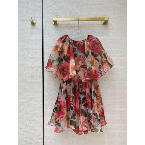 Women 2021 New Summer Silk Dress Print Red Floral Top Quality Sicily Gorgeous Luxury Runway A-Line Short Vintage Empire