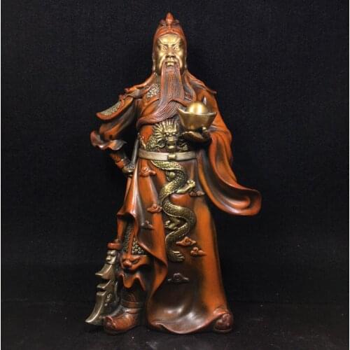 12"Tibet Buddhism Old Bronze Gilt Real gold silver Guan Gong Statue Dragon pattern Hold ingot God of Wealth Enshrine the Buddha