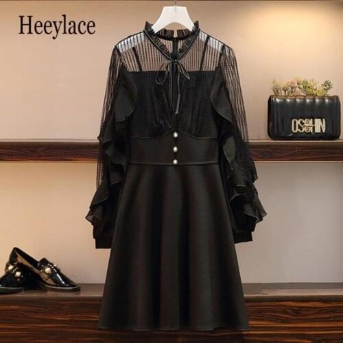 Plus size Autumn Vintage Black Party Dress Women puff Long Sleeve See-through mesh patchwork Sexy Mini Dresses Fall Clothing