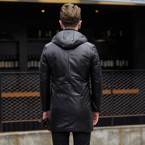 Brand Winter Warm Real Leather Down Coat Men High Street Slim Sheepskin Hooded Outerwear 2020 New Business Casual Down Jacket