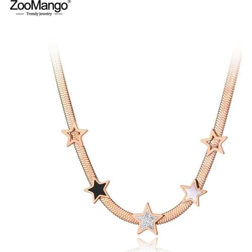 ZooMango Fashion Stainless Steel 5Pcs Star Charm Necklaces CZ Crystal & Shell Snake Chain Jewelry For Women цепочка ZN20045