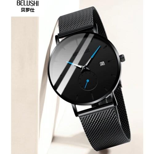 BELUSHI Mens Watches Simple Fashion Men Quartz Watch Waterproof Calendar Clocks Milanese Band Wristwatch Gifts relojes hombre