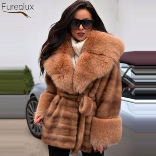 FUREALUX 2021 Real Mink Fur Coat Natural Blue Fox Fur Collar Thick Warm Clothing Vintage Noble Winter Women High Quality