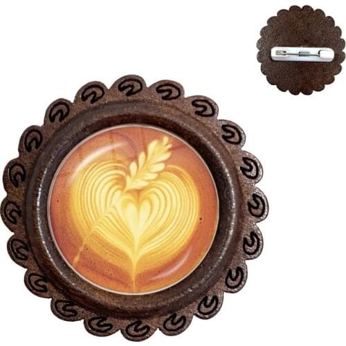 Coffee Latte Chocolate Printing Love Heart Art Brooch Carving Flower Clover Cat Glass Cabochon Wood Collar Pins For Women Men