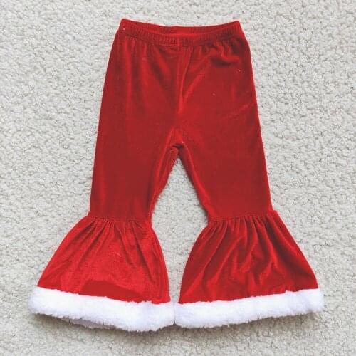 Best Selling Kids Soft Velvet Trousers Girl Fashion Warm Flare Pants With Red Color And White Side High Quality Christmas Cloth