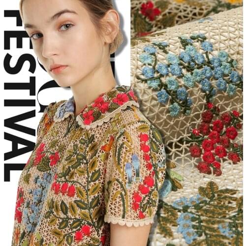 Couture fashion red and blue floral embroidery hollow eyelet khaki lace fabric,sewing for dress,skirt,wedding,craft by the yard