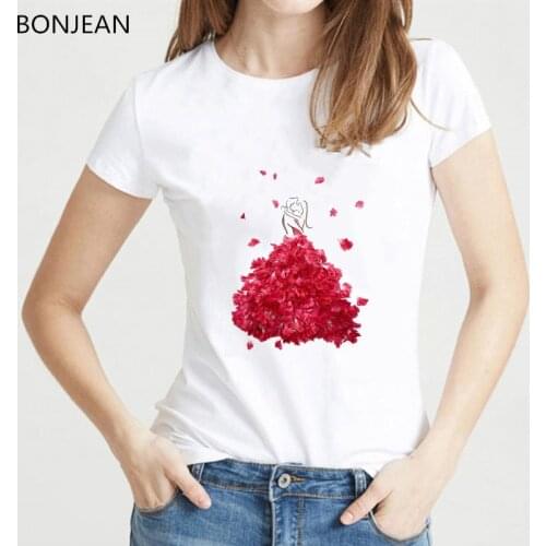 Fashion illustration of flowers dresses and girls design vogue t shirt women kawaii top female pretty funny t-shirt novelty tee