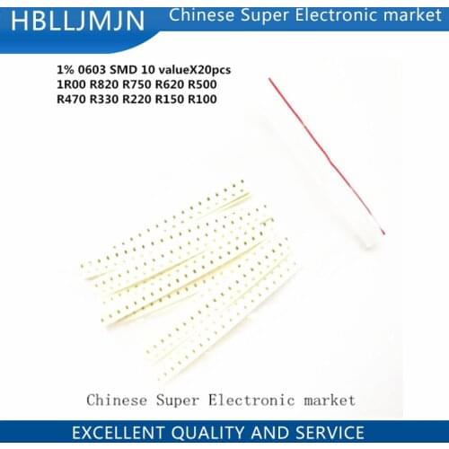 200PCS 1% 0603 SMD resistors assorted DIY kit set ,10 valueX20pcs=200pcs 1R00 R820 R750 R620 R500 R470 R330 R220 R150 R100