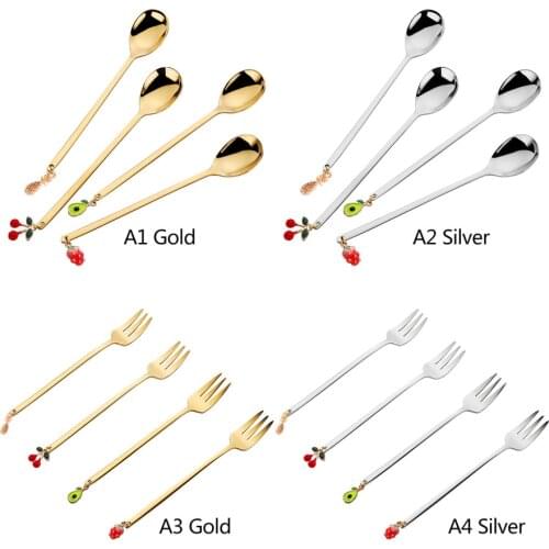 4pcs/set Dinnerware Set Dessert Spoon With Fruit Ornaments Fork Flatware 304 Stainless Steel Coffee Ice Cream Spoons Tableware