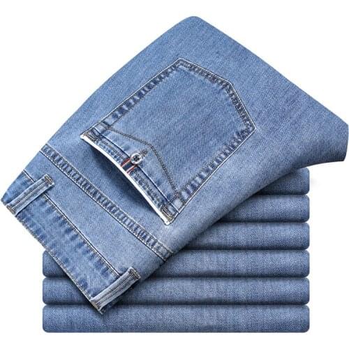 Solid color classic business straight-leg slim-fit denim pants，gray black blue men trouses，thin jeans men Large size 28-40