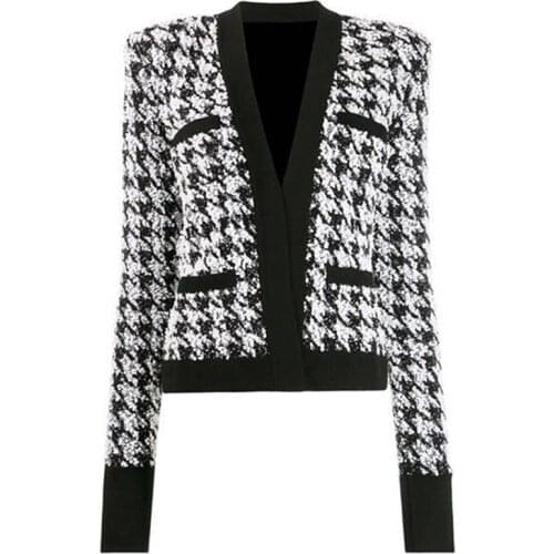 EXCELLENT QUALITY New Fashion 2021 Baroque Designer Jacket Womens Shawl Collar Open Stitch Houndstooth Jacket Outer Wear