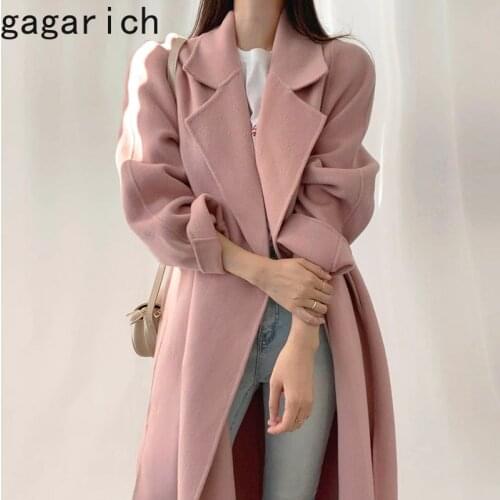 Gagarich Elegant Pink Coat Women Korean Chic Autumn Winter Lapel Single Breasted Lace Up Waist Long Woolen Jacket Femme Ropa
