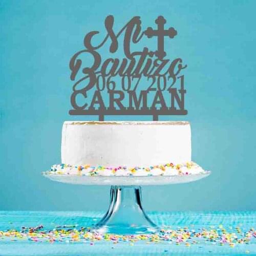 Personalized Party Cake Topper Custom Name Date Spanish Mi Bautizo Topper For Kids Baptism Party Decoration YC076