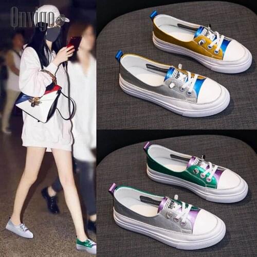 Qnvigo Shoes Woman Autumn Spring Pumps Women Shoes Flat Sneakers Female Shiny Green Vulcanize Lace Up Breathable Casual Loafers