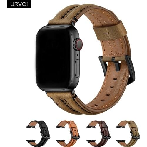 URVOI band for apple watch series 6/5/4 3/2/1 Pin buckle Genuine top grain leather strap for iWatch wrist Handmade double bulge