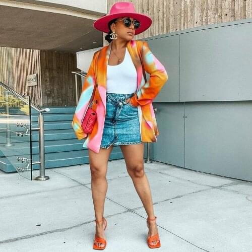 RMSFE 2021 Womens Long Sleeve Lapel Personalized Fashion Irregular Printing Small Suit Autumn Coat Outwear