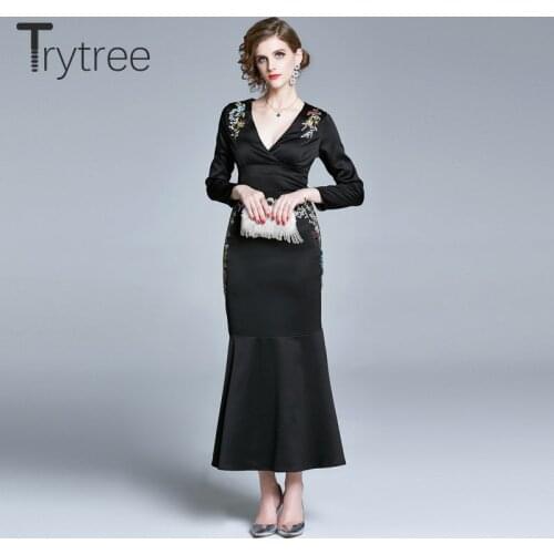 Trytree 2020 Spring Women Casual Dress V-neck Fashion A-line Embroidery Elegant Temperament Elegant Mermaid Black Long Dress