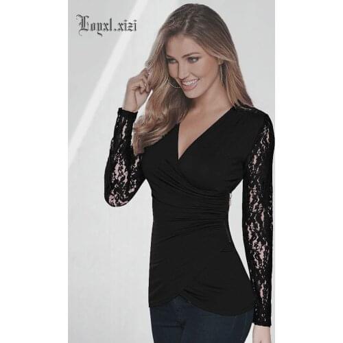 Spring summer fashion womens long-sleeved lace stitching V collar side zipper slim fit shirt top LQ0068