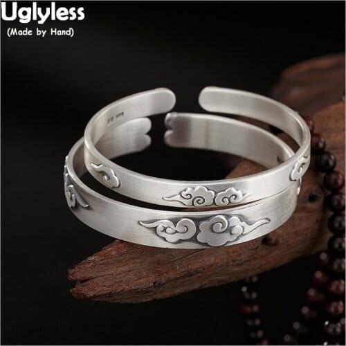 Uglyless 1 Piece Lovers Bangles Vintage Lucky Cloud Men Women Unisex Open Bangles Adjustable Solid 99.9 Silver Wide Bracelets