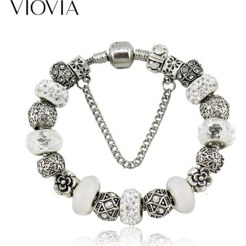 VIOVIA 2019 Carved Flower Beads Jewelry Charm Bracelets & Bangles Silver Color European Beads Bracelets Gift for Women B15218