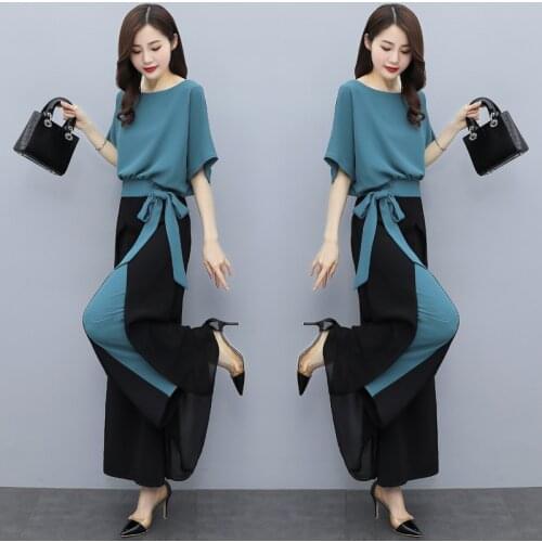 High Quality Womens Summer Suit Clothing Chiffon Wide Leg Pants Lace Up Office Lady 2021 Top Female Foreign Two Piece Sets