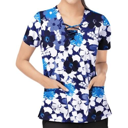 Flower Print Women Nurse Uniform T-Shirt Oversized 3XL Hospital Carer Worker Working Scrubs Tops enfermeria accesorios A40
