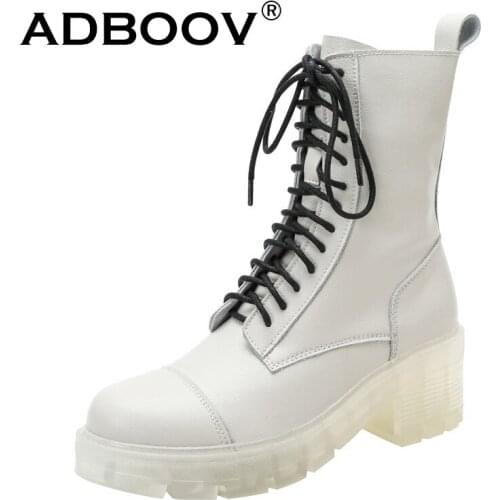 ADBOOV 2020 New Fall Winter Ankle Boots Women Transparent Sole Fashion Martens Boots Leather Chunky Heel Shoes Ladies
