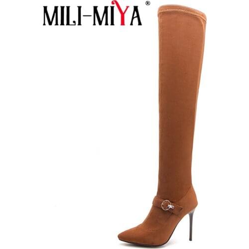 MILI-MIYA women motorcycle boots over-the-knee stretch flock thin heels super high plus size 34-46 high quality handmade