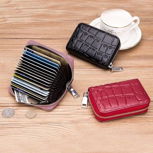 M-Yancy Genuine Leather Credit Card Wallet Women Organizer Zipper ID Bank Card Holder Ladies RFID Stone Print Coin Pocket Case