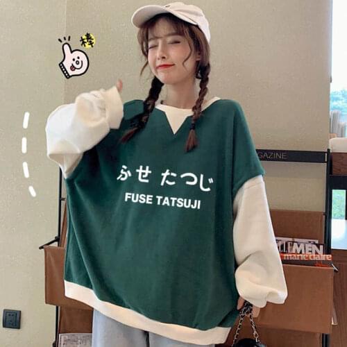 Women’s Pullover Autumn New Lazy Bf Long-sleeved Couples Korean Version Loose Fake Two-piece Plus Velvet Thick Top Coat Printing