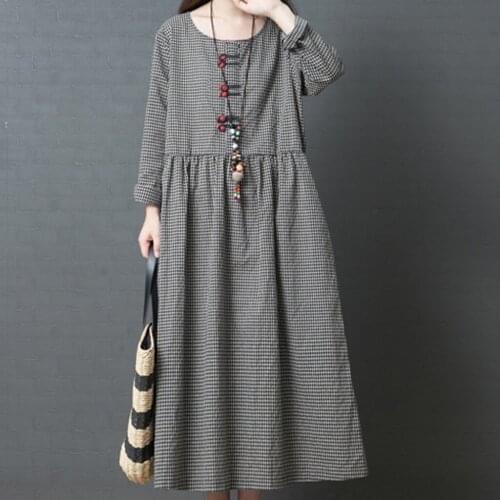 Women Long Dress Big Code Girl Japanese Style Linen Dress Fashion Loose Long Sleeve Checked Dress Vestido Mujer #G3