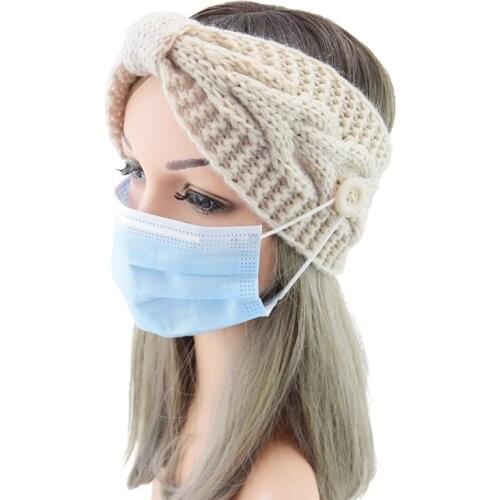 Winter Warm Hair Ribbon Ears Face Cover Holder Knitted Elastic Headband Hair Accessories Wide Hairband with Button Protect