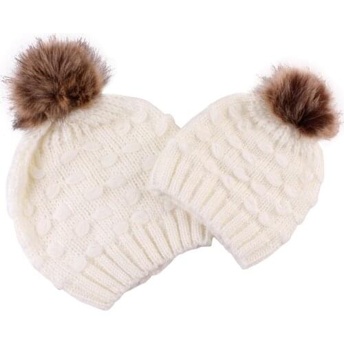 2 Pcs Mother+Baby Knitted Baby Hat Pompom Mom Baby Winter Hat for Boy Girls Cap Baby Elastic Soft Toddler Beanie Winter Hats