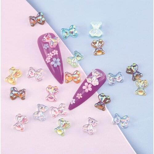 50Pcs/Bag 3D Cute Bear Rhinestones Mixed Colors Resin Stones Crystal Bear Aurora Gems Nail Jelly Ornaments For Nail Art Decor