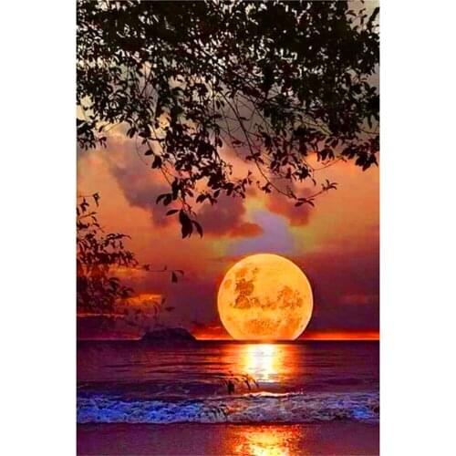5D DIY Diamond Painting moon night lake tree landscape Diamond mosaic Drill Square round Picture Of Rhinestone Embroidery Z467