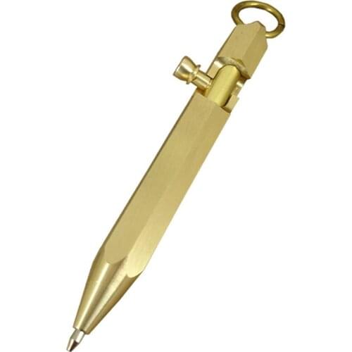 ACMECN New Arrival 90mm Mini Pocket Ball Pen with key ring Pure Brass Ballpoint Pen Gun Style Hexagonal Copper Tactical Pens