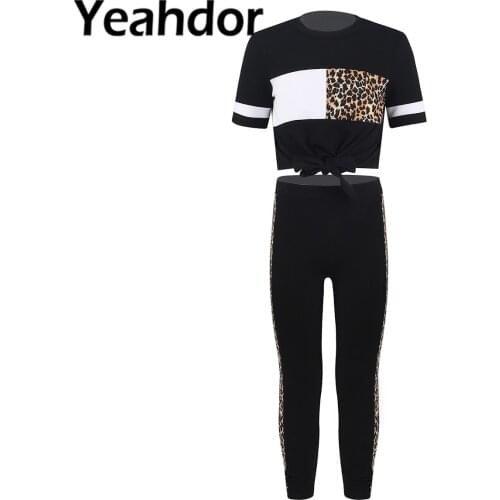 Kids Girls Sport Suit Sportwear Round Neck Short Sleeves Leopard Printed T-shirt and Pants Set for Running Workout Gym Yoga
