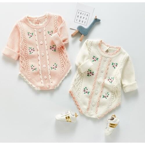 2021 Girl Long Sleeves Knit Flowers Embroider Rompers Clothes Newborn Baby Girls Boys Knitted Romper Baby Clothes Cotton Woolen