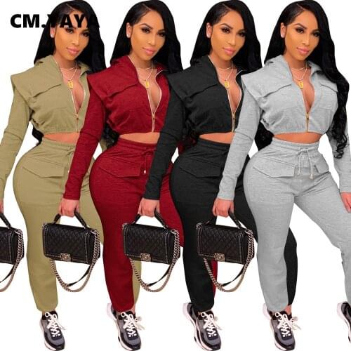 CM.YAYA Active Elastic Sweatsuit Womens Set Hooded Track Tops Jogger Pants Suit Sporty Tracksuit Two Piece Set Fitness Outfit