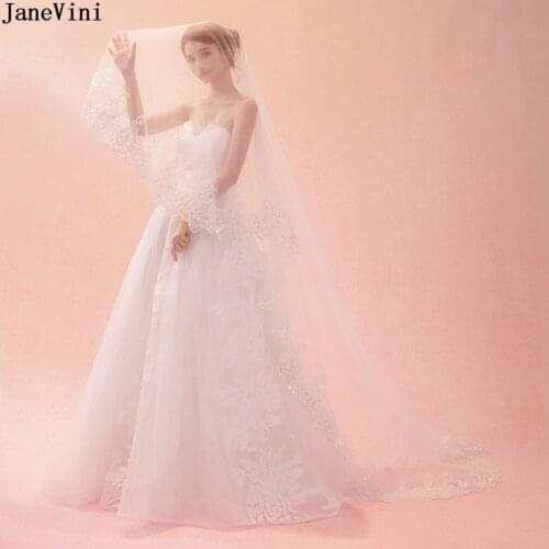 JaneVini Luxurious White One Layer Cathedral Long Wedding Veils Appliques Edge Sequined Elegant Tulle Bridal Wedding Accessories