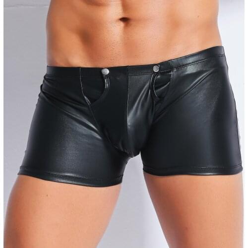 New Black Men Underwear Sexy Faux Leather Gay Panty Fashion Back Zipper Crotch Boxers Shorts Panties Tight Boy Male Latex Boxer