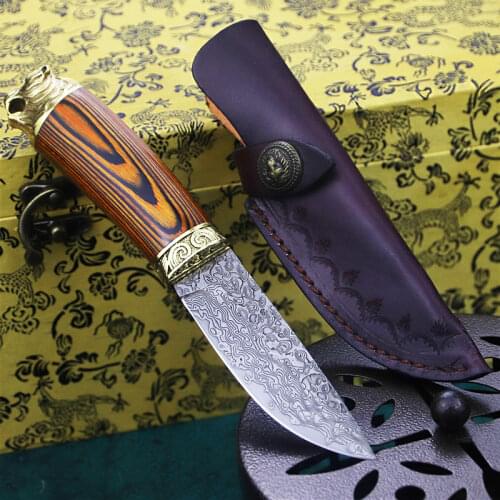 Damascus Steel (Leopard) Hunt Straight Knife Jungle Tactical Knife Camping Rescue Knife Damascus Collection Knife Gift Knife